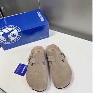 Birkenstock Boston Taupe Suede Soft Footbed Women's Men's Shoes Spacious Sandals